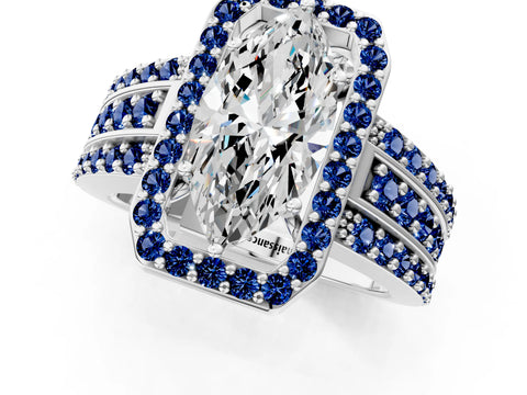 White gold Marquise Cut Halo Diamond Ring with Round with Blue Sapphire side stone Split Shank and Prong Setting_49