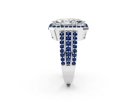 White gold Marquise Cut Halo Diamond Ring with Round with Blue Sapphire side stone Split Shank and Prong Setting_50