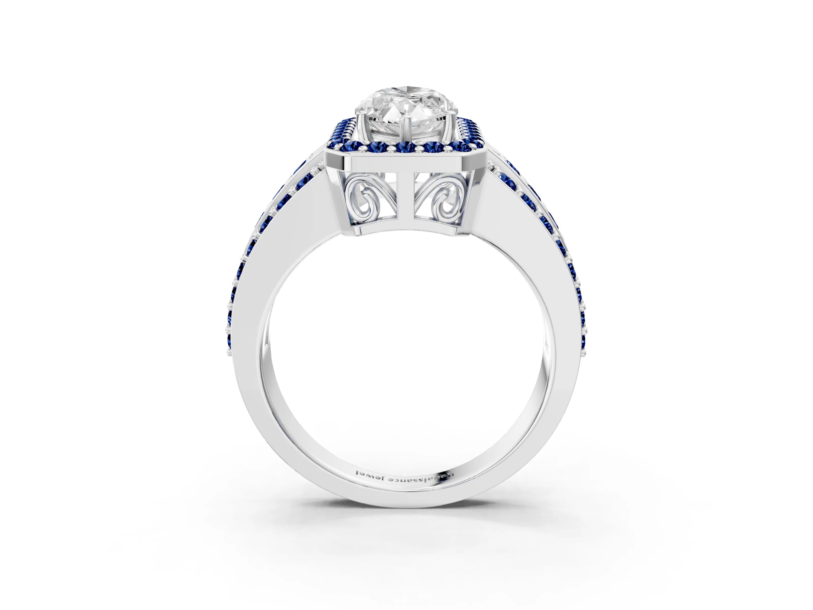 White gold Marquise Cut Halo Diamond Ring with Round with Blue Sapphire side stone Split Shank and Prong Setting_51