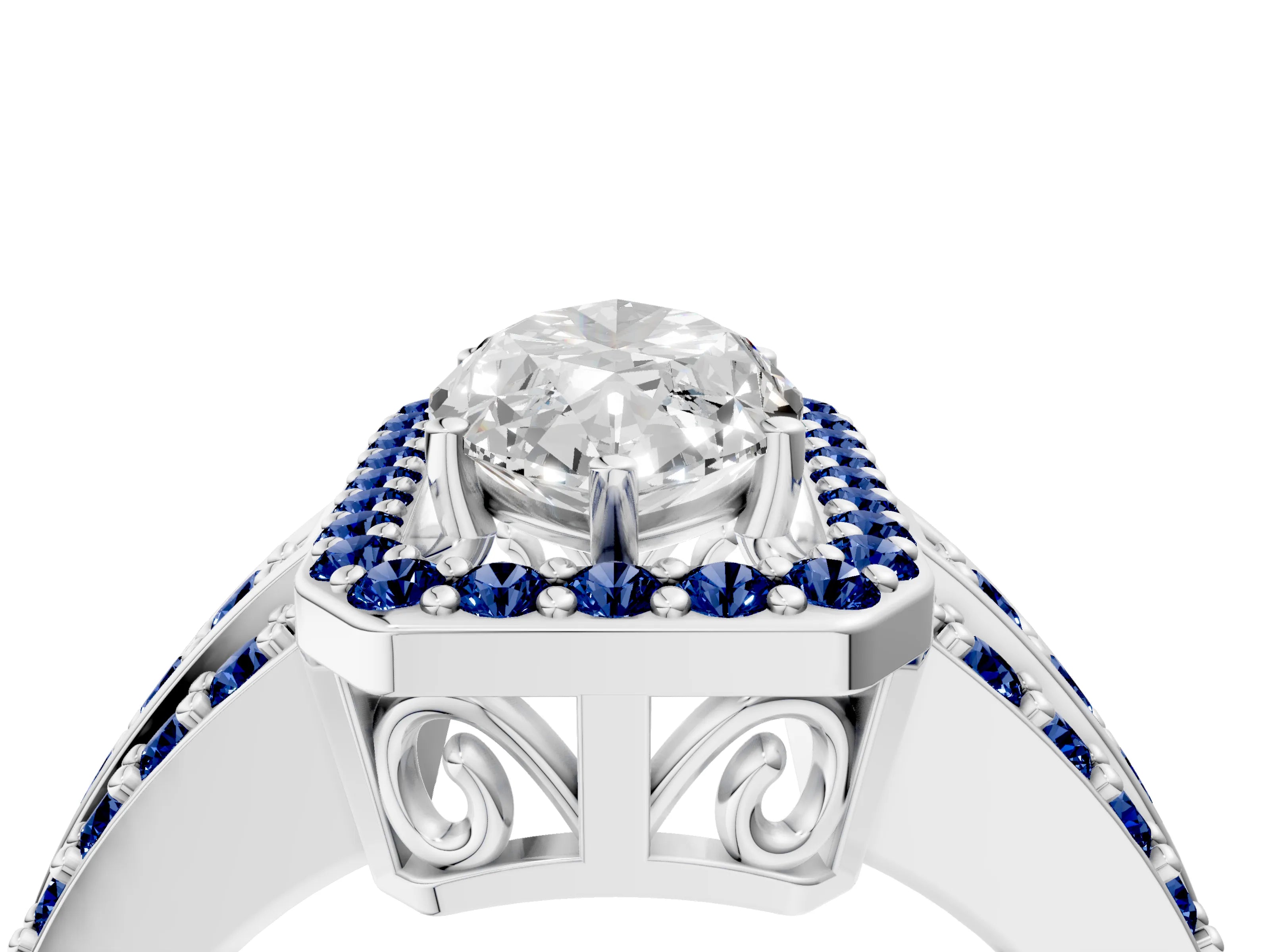 White gold Marquise Cut Halo Diamond Ring with Round with Blue Sapphire side stone Split Shank and Prong Setting_52