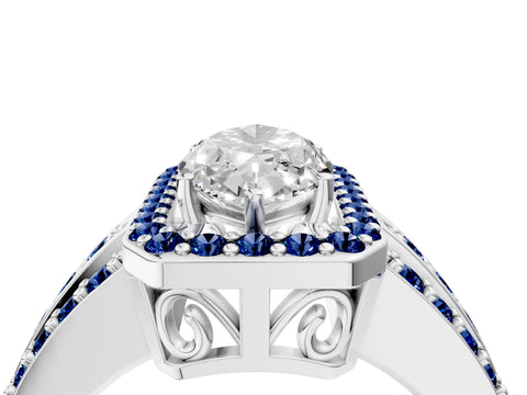 White gold Marquise Cut Halo Diamond Ring with Round with Blue Sapphire side stone Split Shank and Prong Setting_52