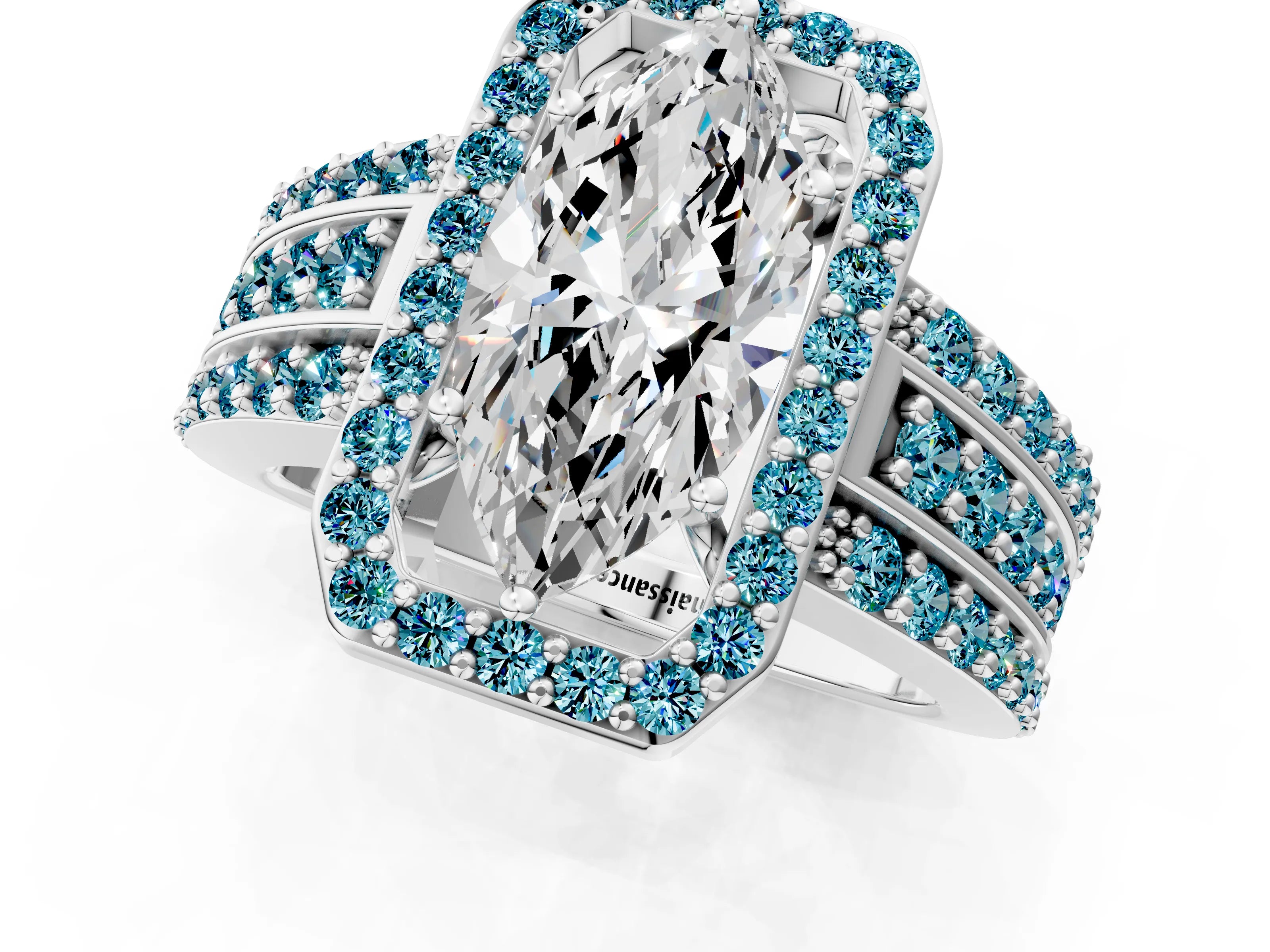 White gold Marquise Cut Halo Diamond Ring with Round with Blue Topaz side stone Split Shank and Prong Setting_25