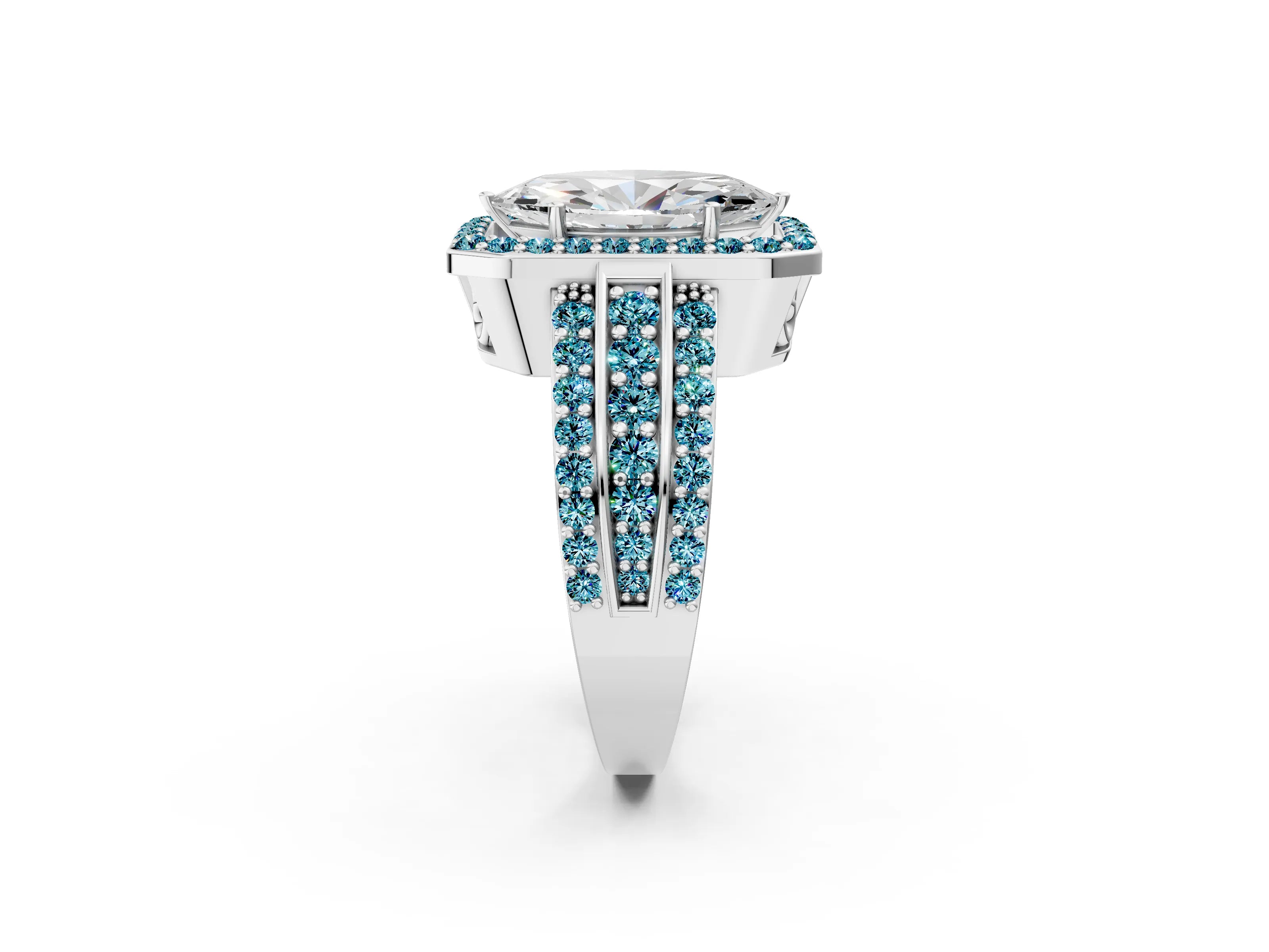 White gold Marquise Cut Halo Diamond Ring with Round with Blue Topaz side stone Split Shank and Prong Setting_26