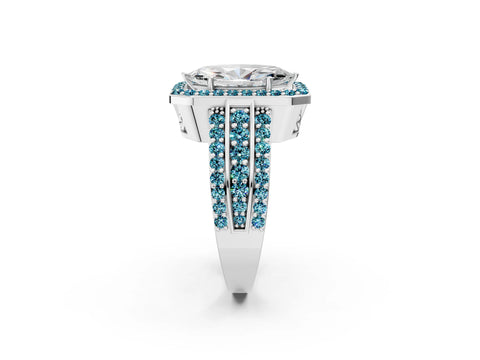 White gold Marquise Cut Halo Diamond Ring with Round with Blue Topaz side stone Split Shank and Prong Setting_26