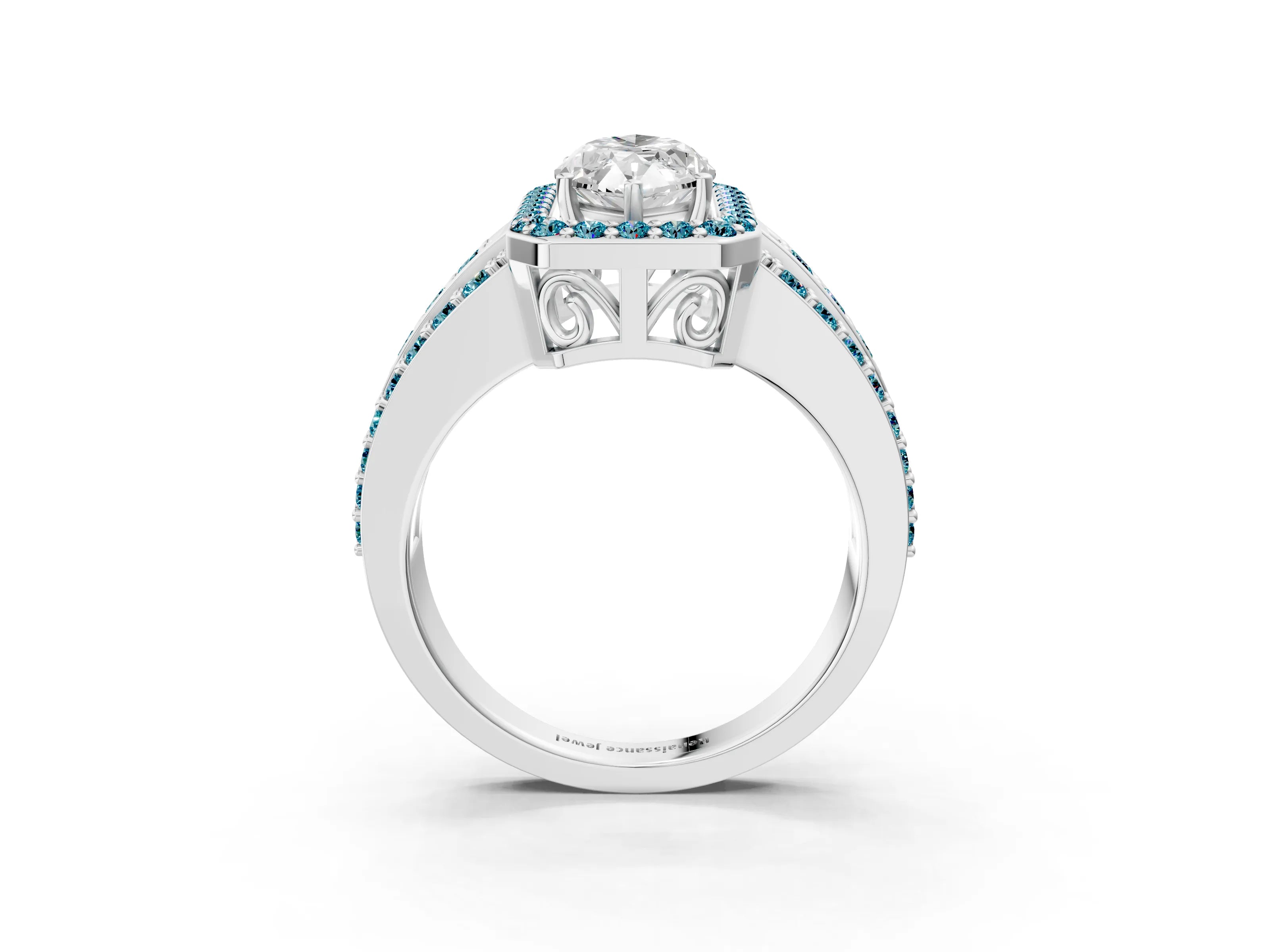 White gold Marquise Cut Halo Diamond Ring with Round with Blue Topaz side stone Split Shank and Prong Setting_27