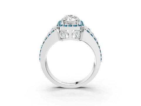 White gold Marquise Cut Halo Diamond Ring with Round with Blue Topaz side stone Split Shank and Prong Setting_27