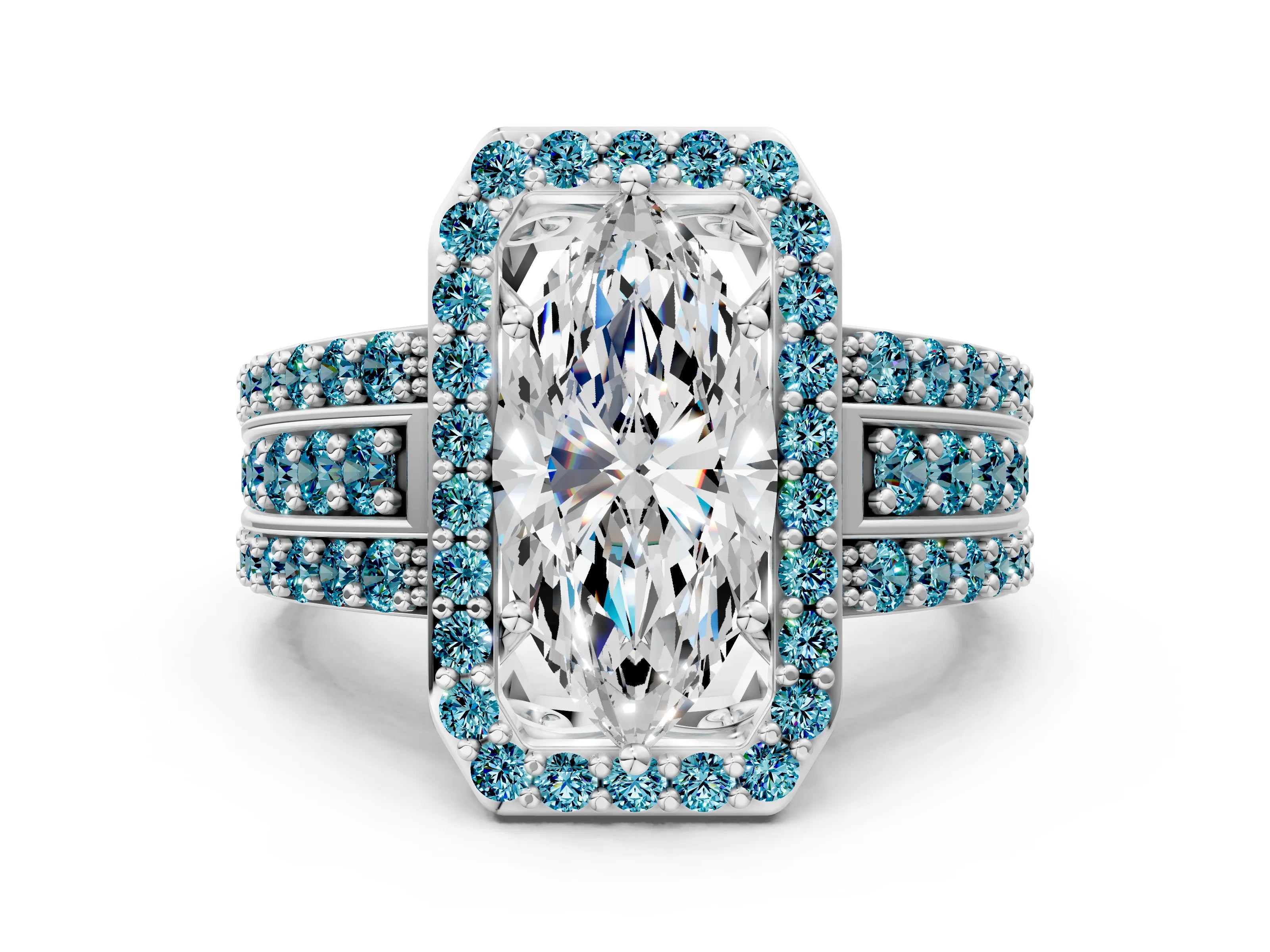 White gold Marquise Cut Halo Diamond Ring with Round with Blue Topaz side stone Split Shank and Prong Setting_48