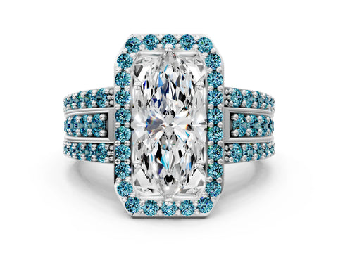 White gold Marquise Cut Halo Diamond Ring with Round with Blue Topaz side stone Split Shank and Prong Setting_48