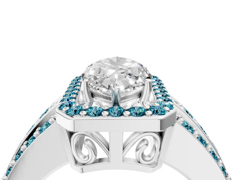 White gold Marquise Cut Halo Diamond Ring with Round with Blue Topaz side stone Split Shank and Prong Setting_52