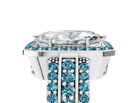 White gold Marquise Cut Halo Diamond Ring with Round with Blue Topaz side stone Split Shank and Prong Setting_53