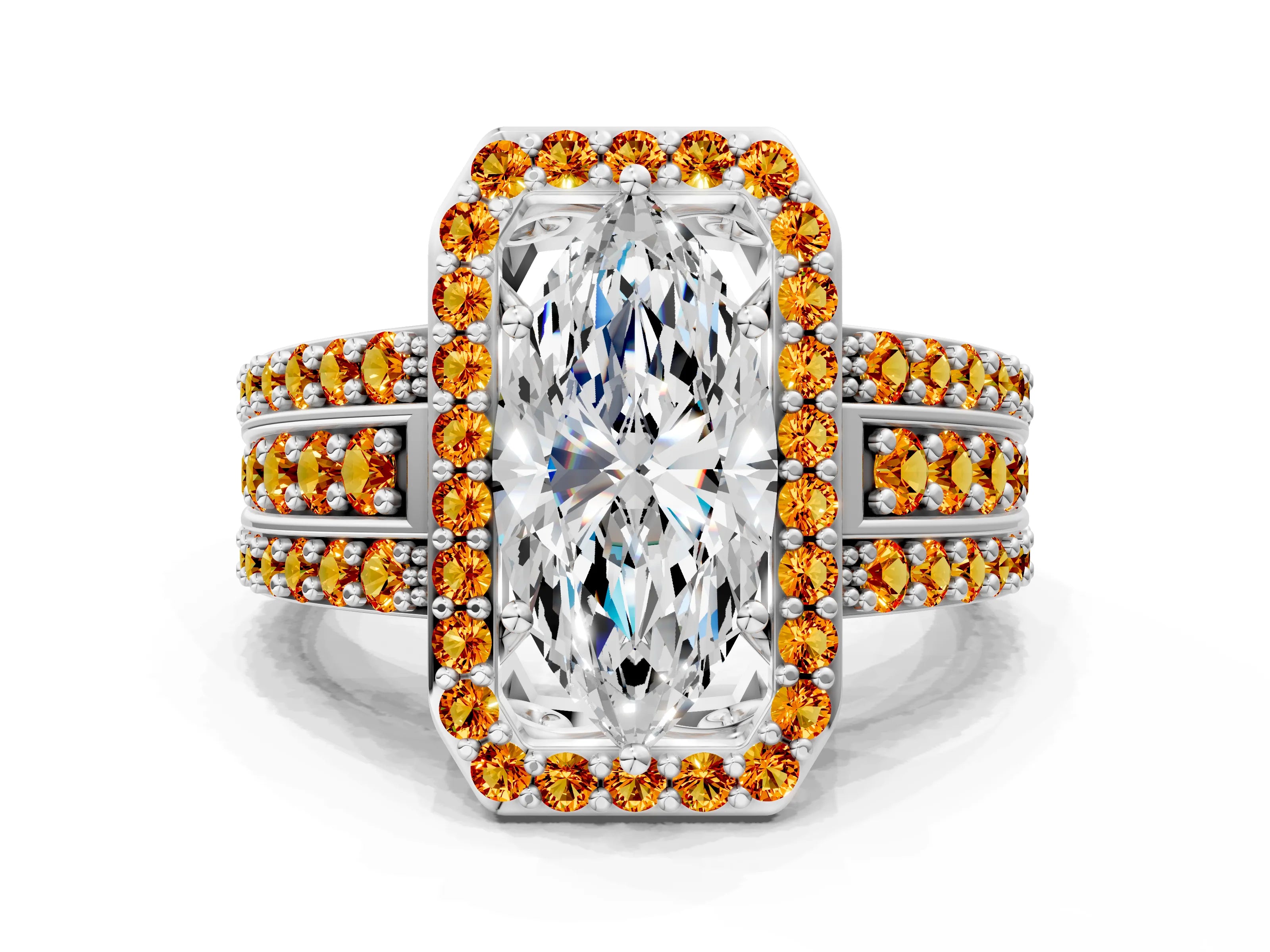 White gold Marquise Cut Halo Diamond Ring with Round with Citrine side stone Split Shank and Prong Setting_12