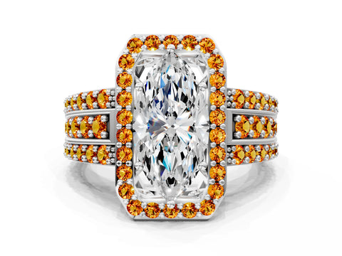 White gold Marquise Cut Halo Diamond Ring with Round with Citrine side stone Split Shank and Prong Setting_12