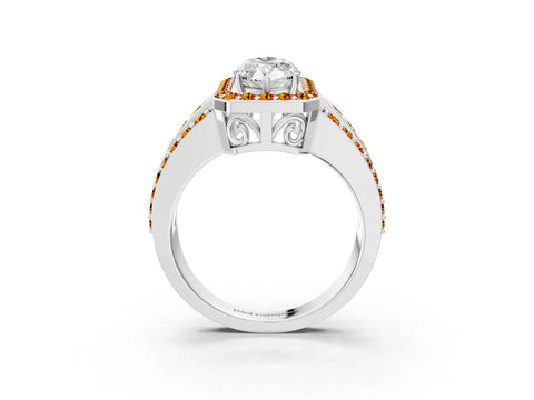 White gold Marquise Cut Halo Diamond Ring with Round with Citrine side stone Split Shank and Prong Setting_15
