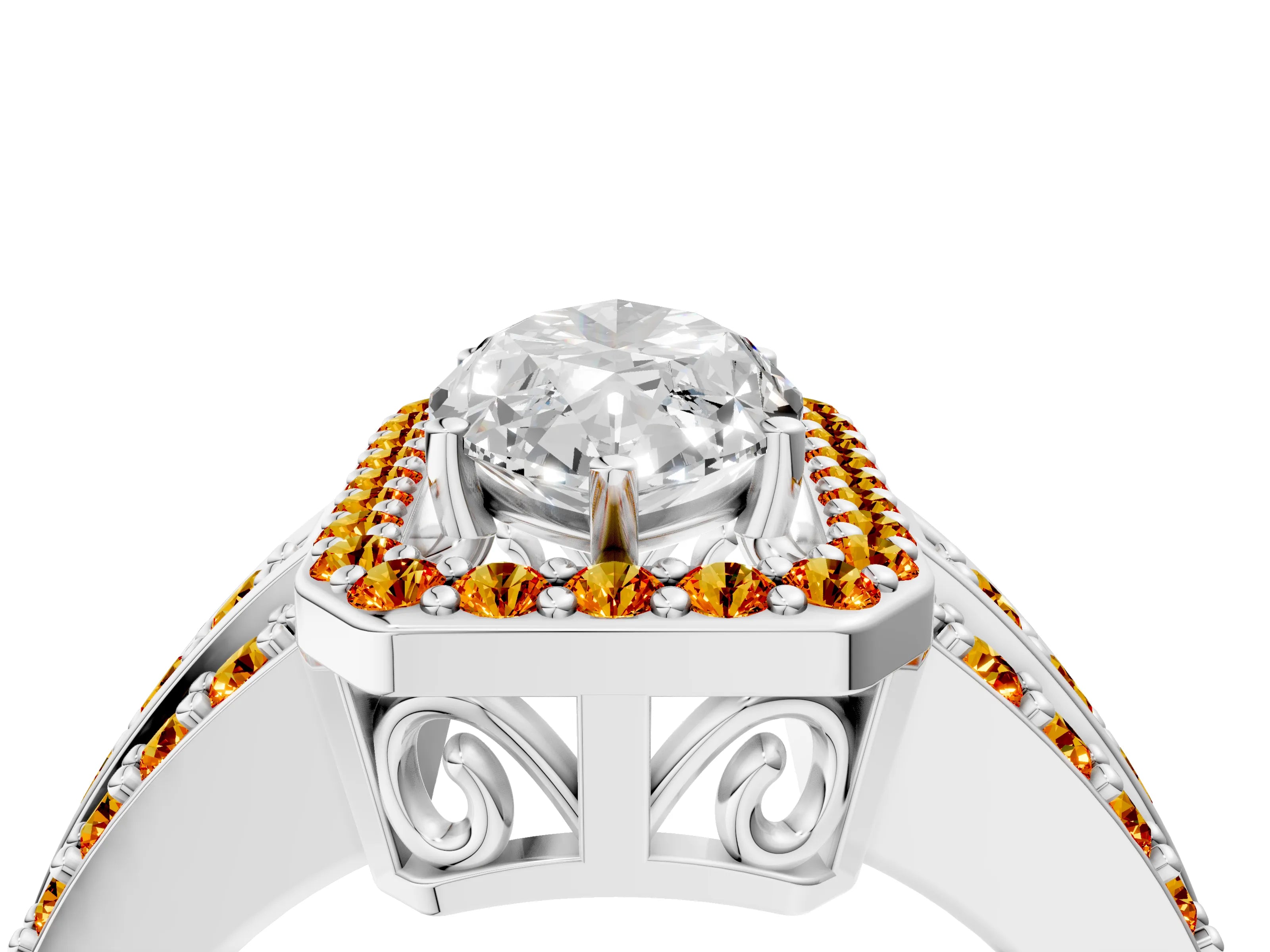 White gold Marquise Cut Halo Diamond Ring with Round with Citrine side stone Split Shank and Prong Setting_16