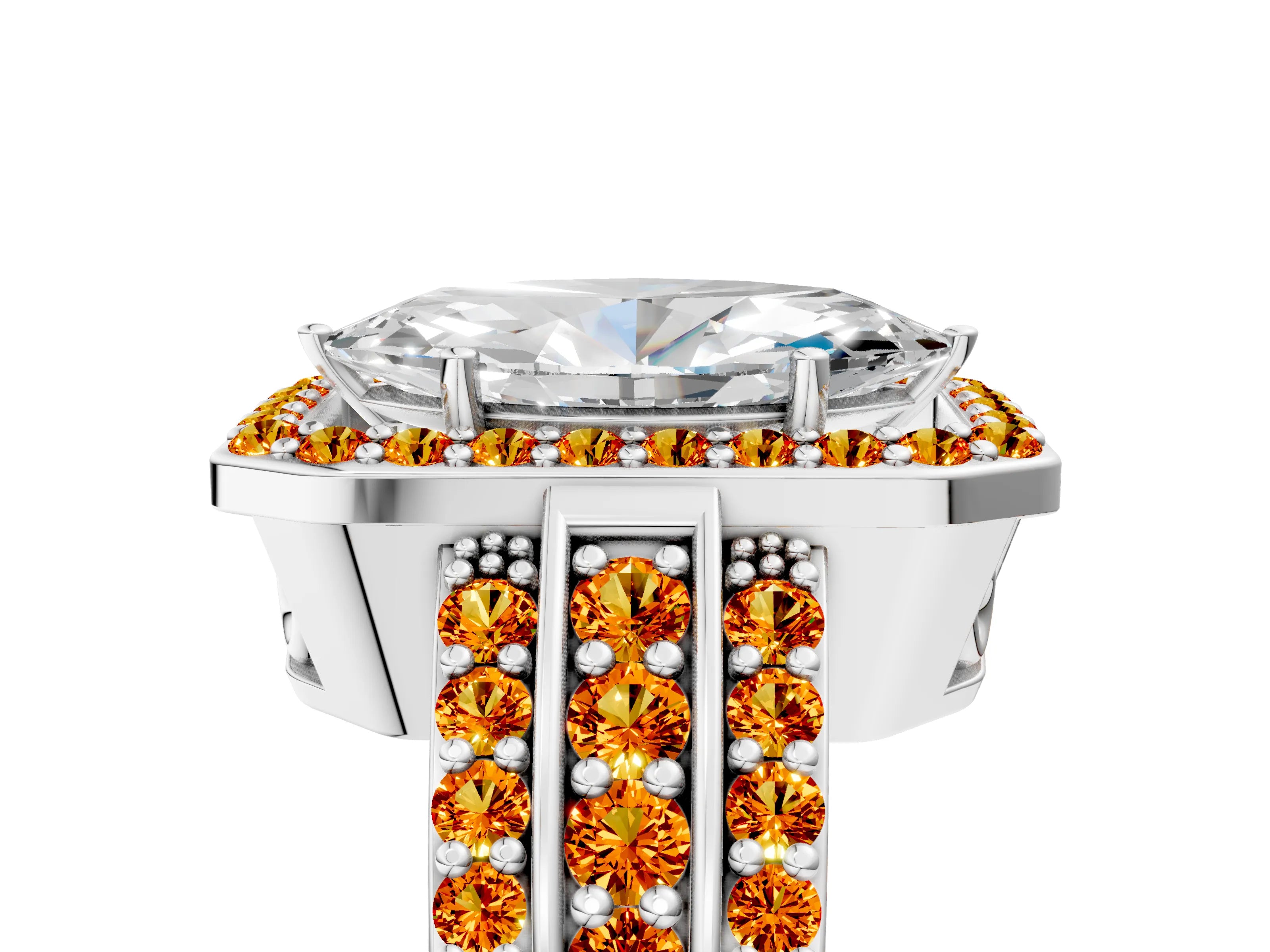 White gold Marquise Cut Halo Diamond Ring with Round with Citrine side stone Split Shank and Prong Setting_17