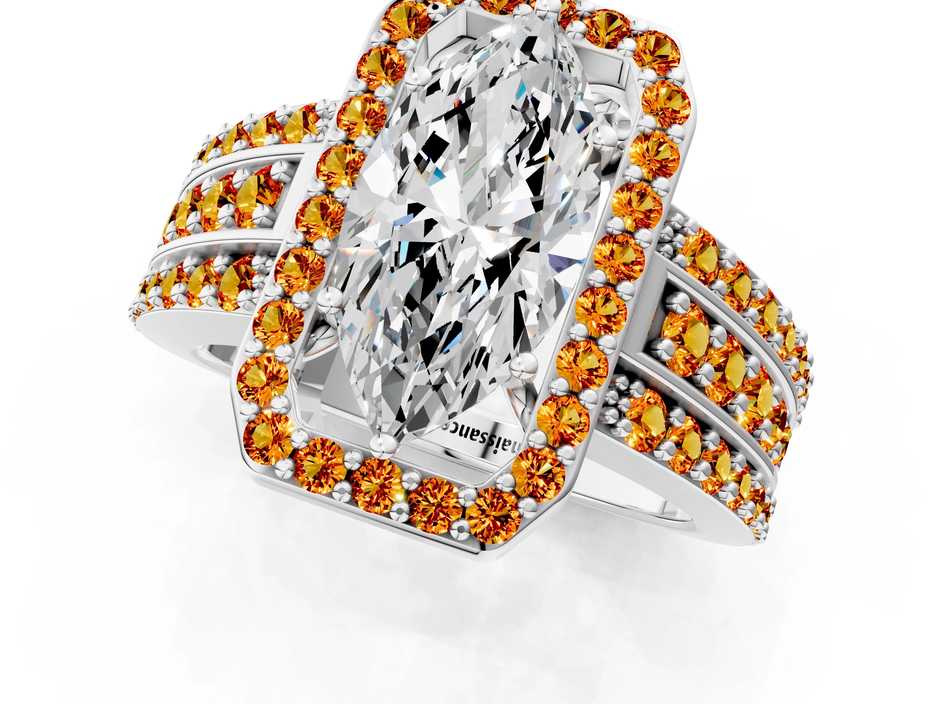 White gold Marquise Cut Halo Diamond Ring with Round with Citrine side stone Split Shank and Prong Setting_25