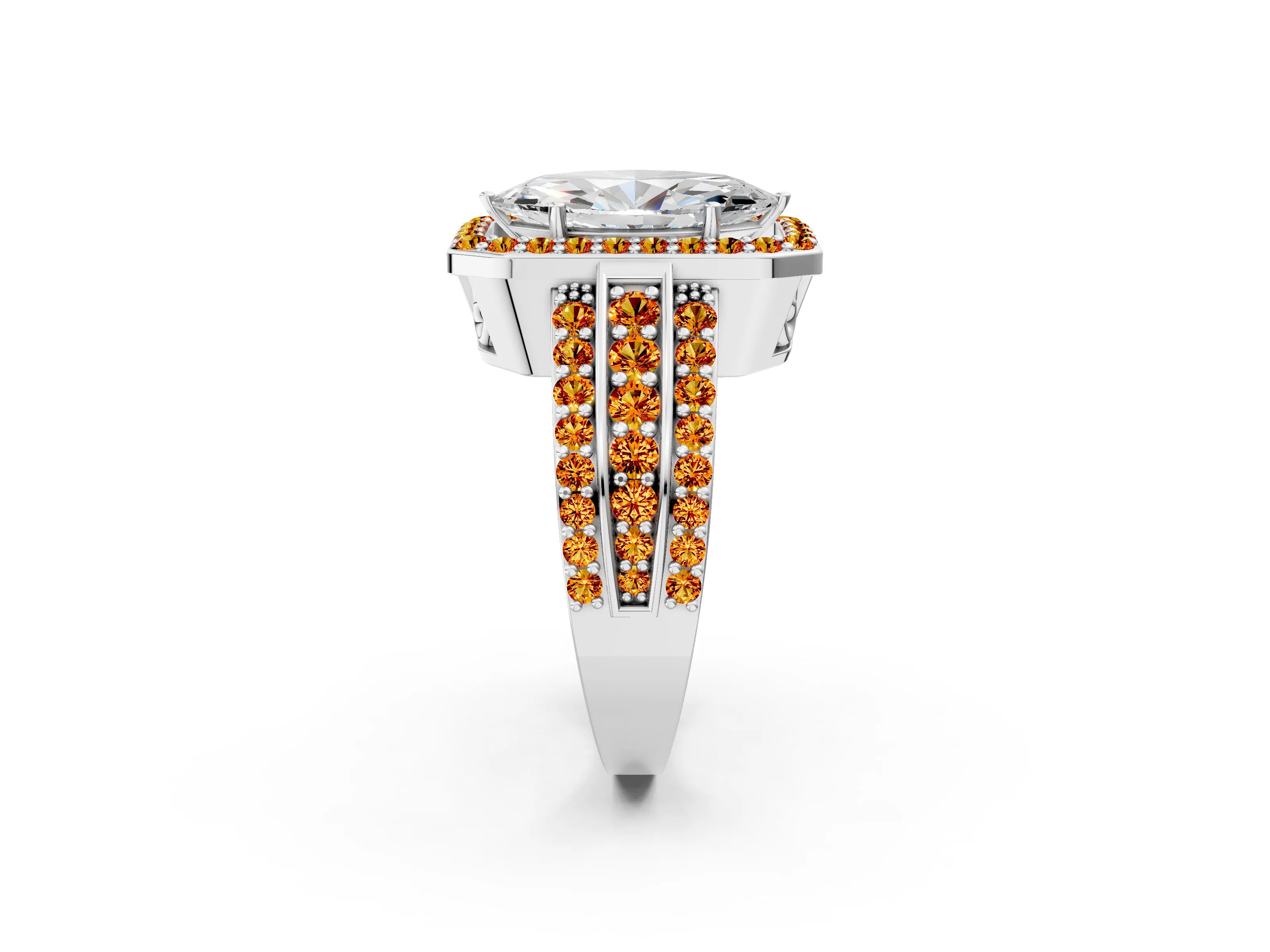 White gold Marquise Cut Halo Diamond Ring with Round with Citrine side stone Split Shank and Prong Setting_26