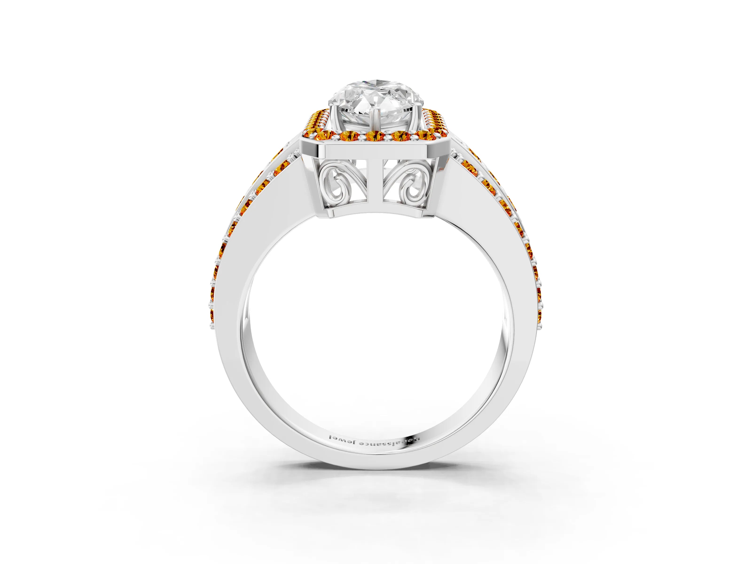 White gold Marquise Cut Halo Diamond Ring with Round with Citrine side stone Split Shank and Prong Setting_27