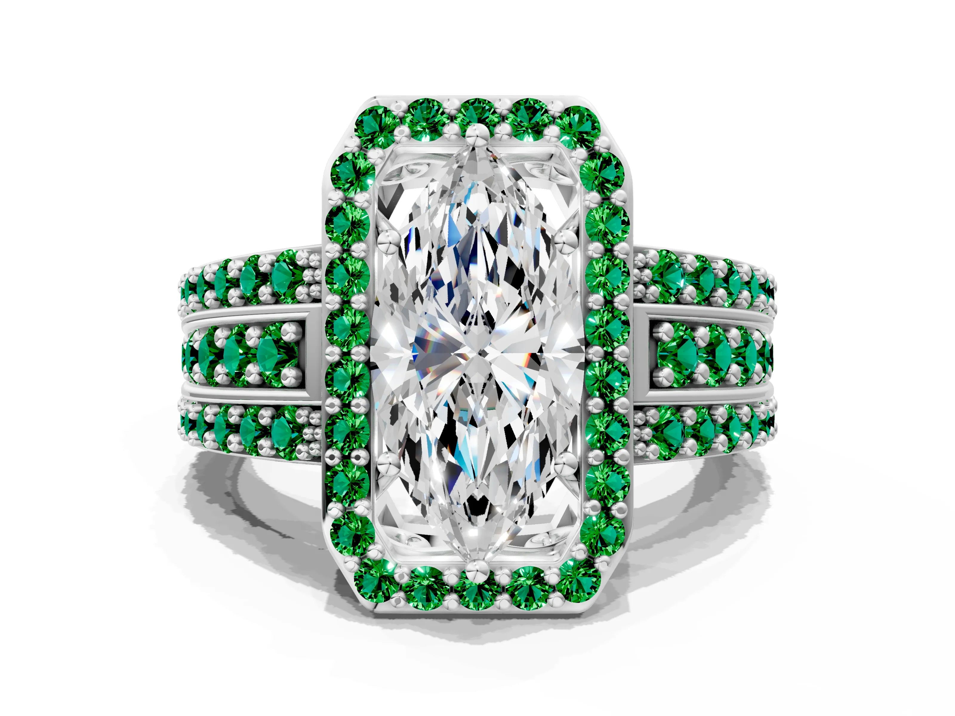 White gold Marquise Cut Halo Diamond Ring with Round with Emerald side stone Split Shank and Prong Setting_12