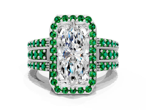 White gold Marquise Cut Halo Diamond Ring with Round with Emerald side stone Split Shank and Prong Setting_12
