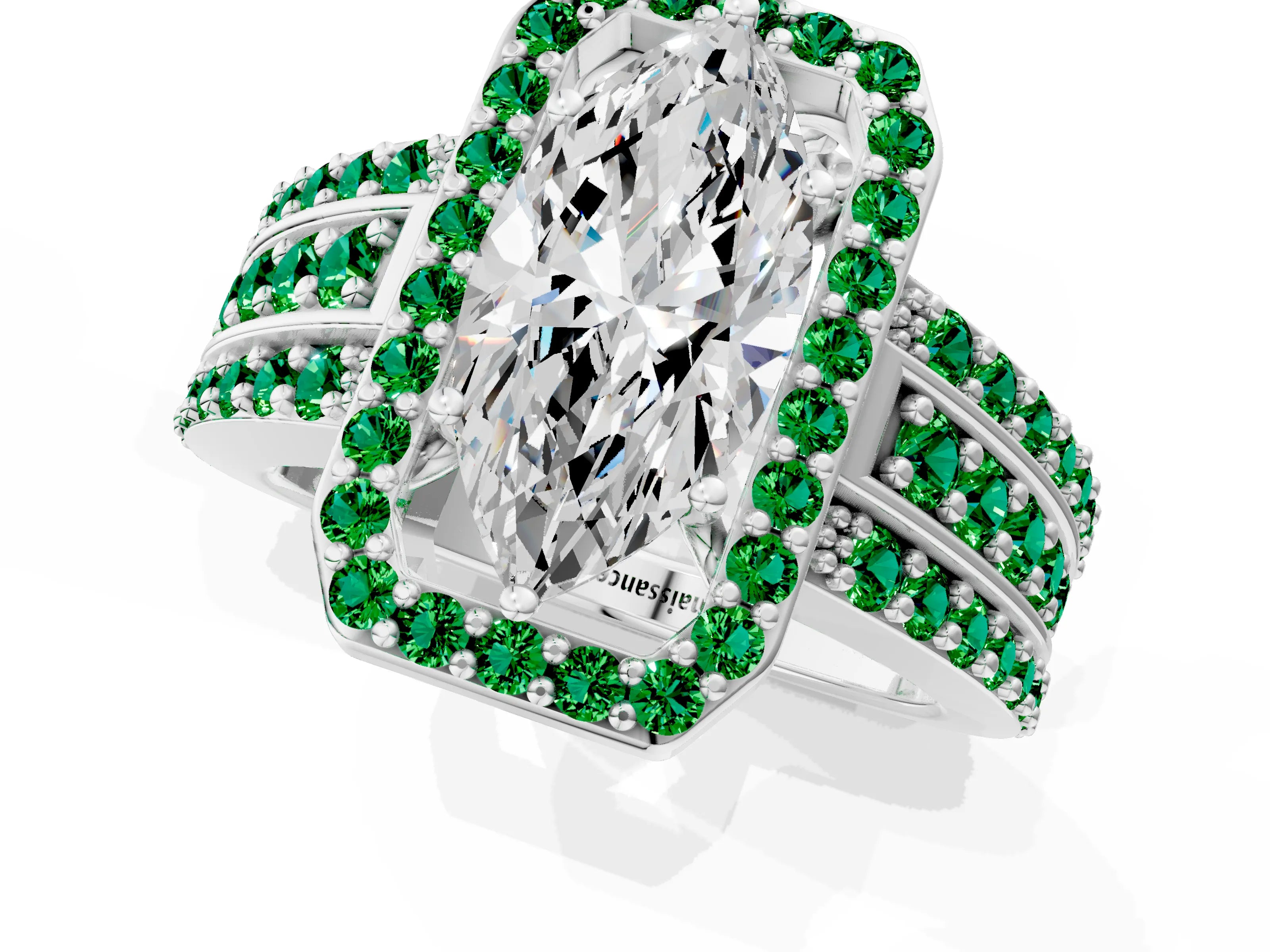 White gold Marquise Cut Halo Diamond Ring with Round with Emerald side stone Split Shank and Prong Setting_13