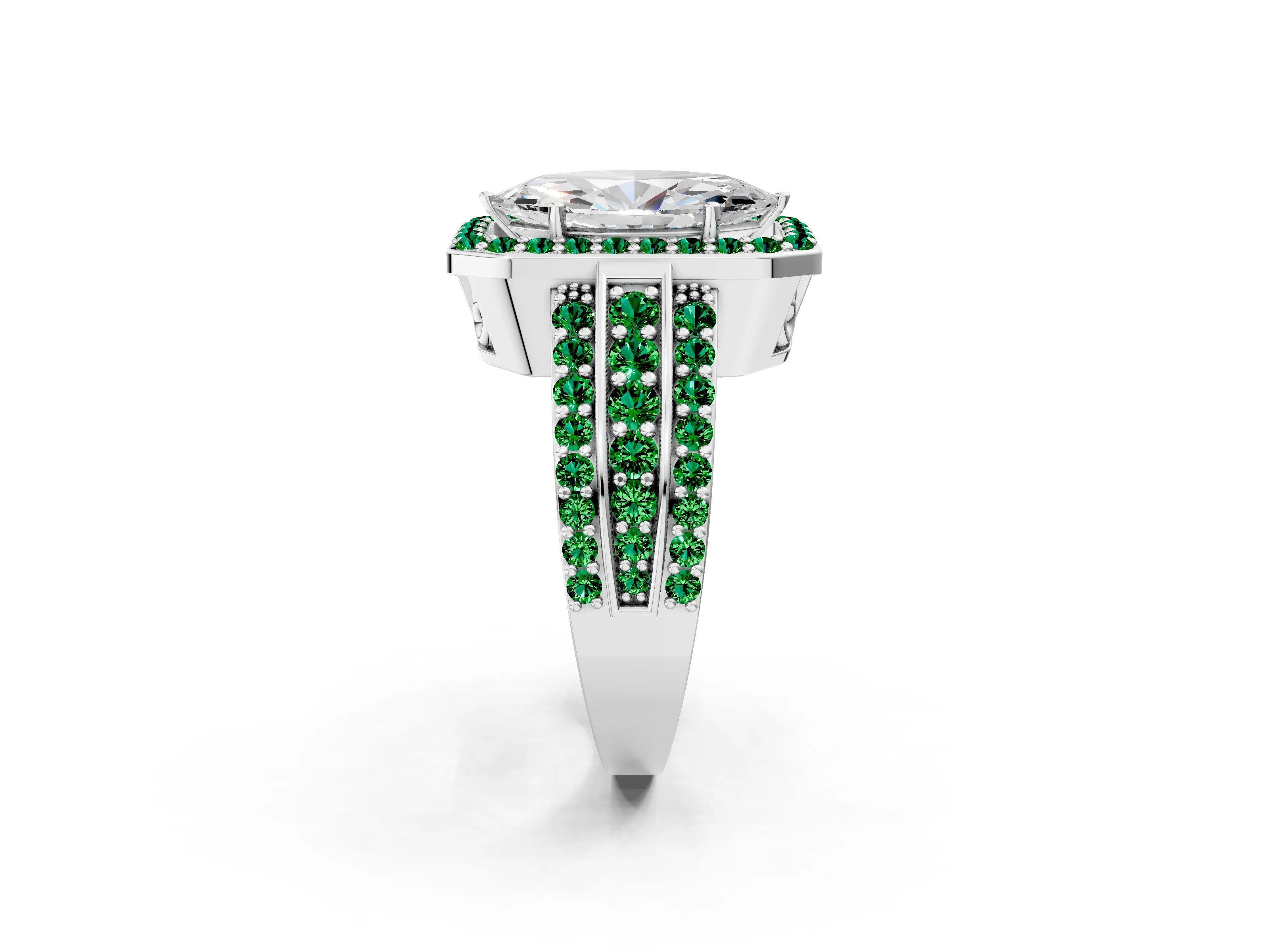 White gold Marquise Cut Halo Diamond Ring with Round with Emerald side stone Split Shank and Prong Setting_14