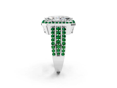 White gold Marquise Cut Halo Diamond Ring with Round with Emerald side stone Split Shank and Prong Setting_14