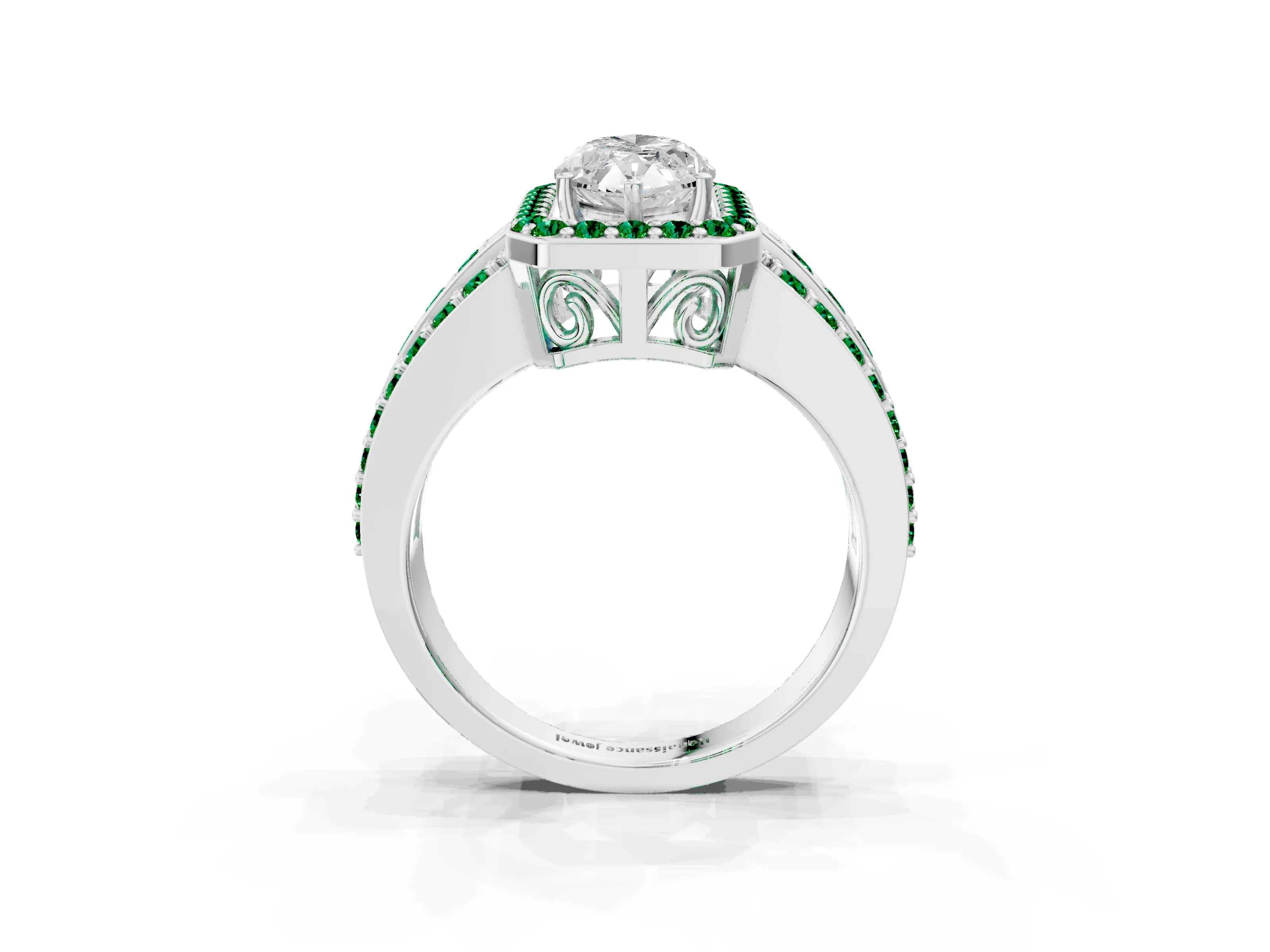 White gold Marquise Cut Halo Diamond Ring with Round with Emerald side stone Split Shank and Prong Setting_51