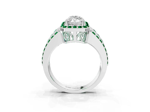 White gold Marquise Cut Halo Diamond Ring with Round with Emerald side stone Split Shank and Prong Setting_51