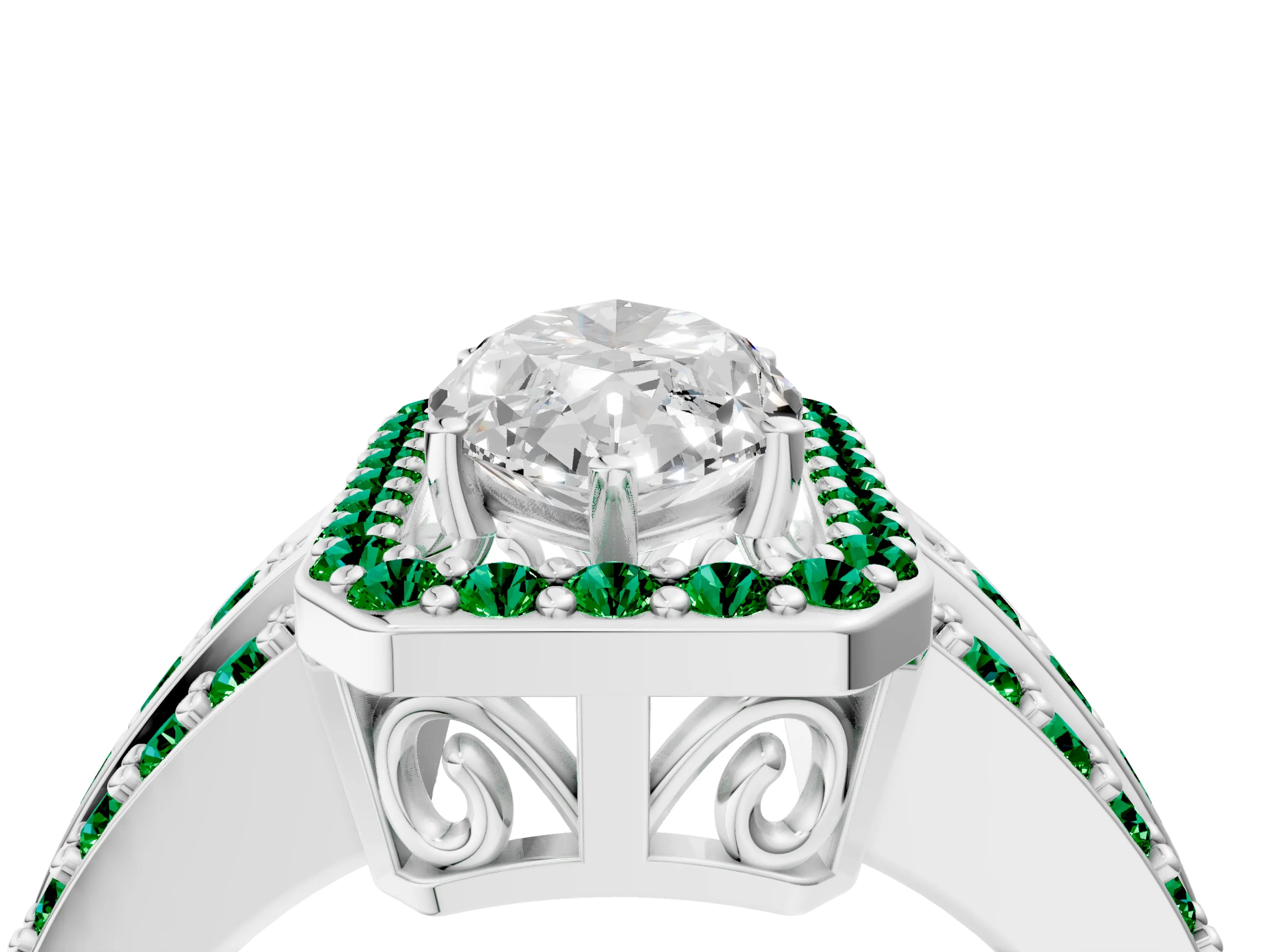 White gold Marquise Cut Halo Diamond Ring with Round with Emerald side stone Split Shank and Prong Setting_52