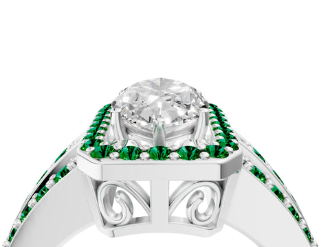 White gold Marquise Cut Halo Diamond Ring with Round with Emerald side stone Split Shank and Prong Setting_52