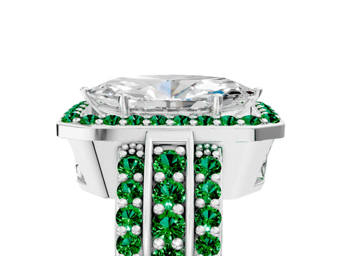 White gold Marquise Cut Halo Diamond Ring with Round with Emerald side stone Split Shank and Prong Setting_53