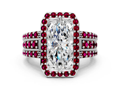 White gold Marquise Cut Halo Diamond Ring with Round with Garnet side stone Split Shank and Prong Setting_12