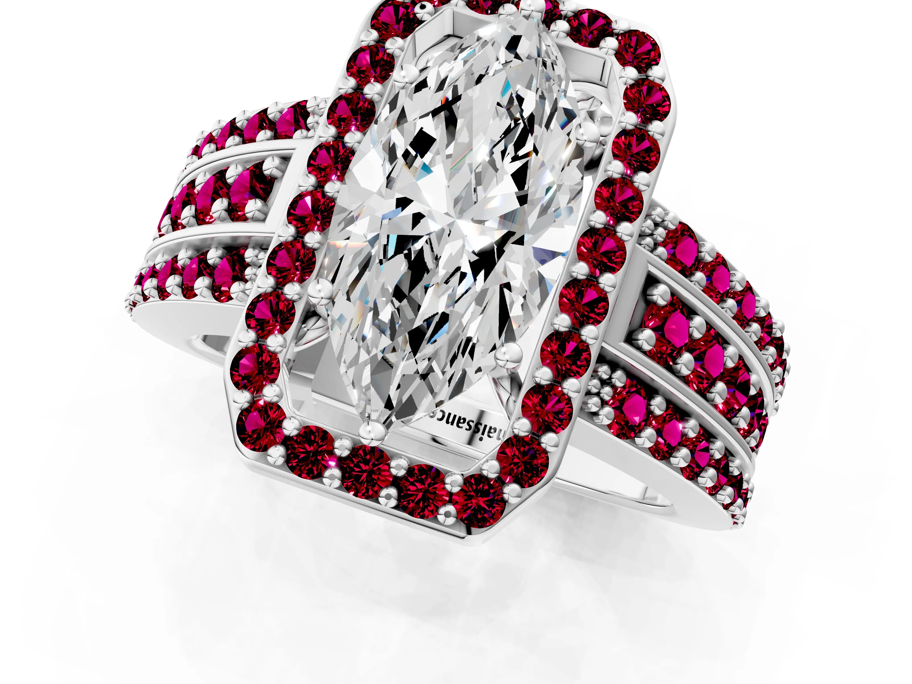 White gold Marquise Cut Halo Diamond Ring with Round with Garnet side stone Split Shank and Prong Setting_13