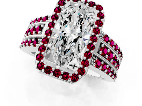 White gold Marquise Cut Halo Diamond Ring with Round with Garnet side stone Split Shank and Prong Setting_13