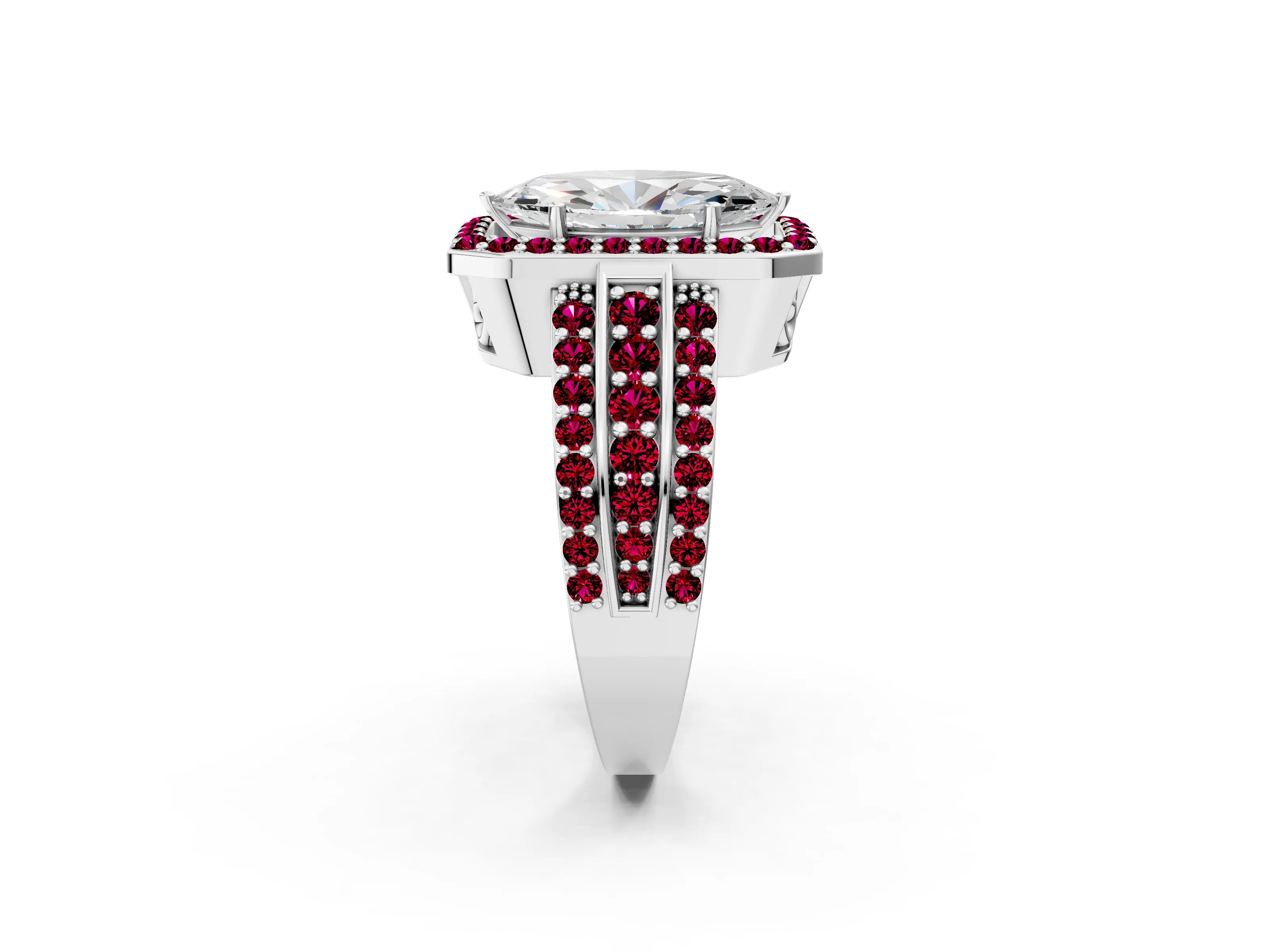 White gold Marquise Cut Halo Diamond Ring with Round with Garnet side stone Split Shank and Prong Setting_14