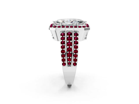 White gold Marquise Cut Halo Diamond Ring with Round with Garnet side stone Split Shank and Prong Setting_14
