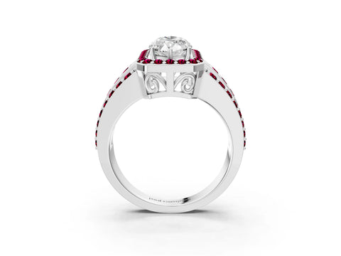 White gold Marquise Cut Halo Diamond Ring with Round with Garnet side stone Split Shank and Prong Setting_15