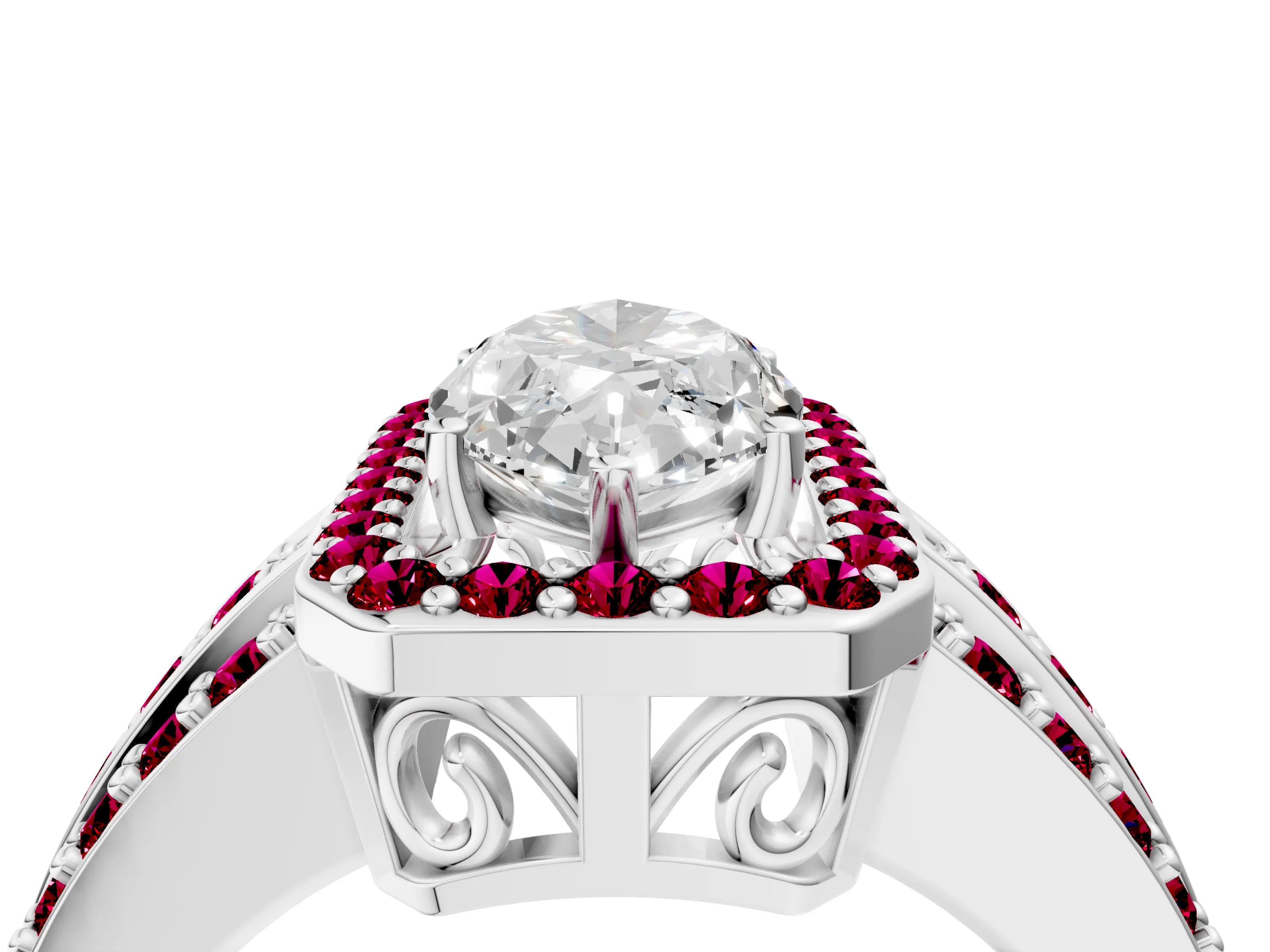 White gold Marquise Cut Halo Diamond Ring with Round with Garnet side stone Split Shank and Prong Setting_16