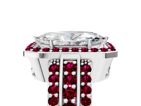 White gold Marquise Cut Halo Diamond Ring with Round with Garnet side stone Split Shank and Prong Setting_17