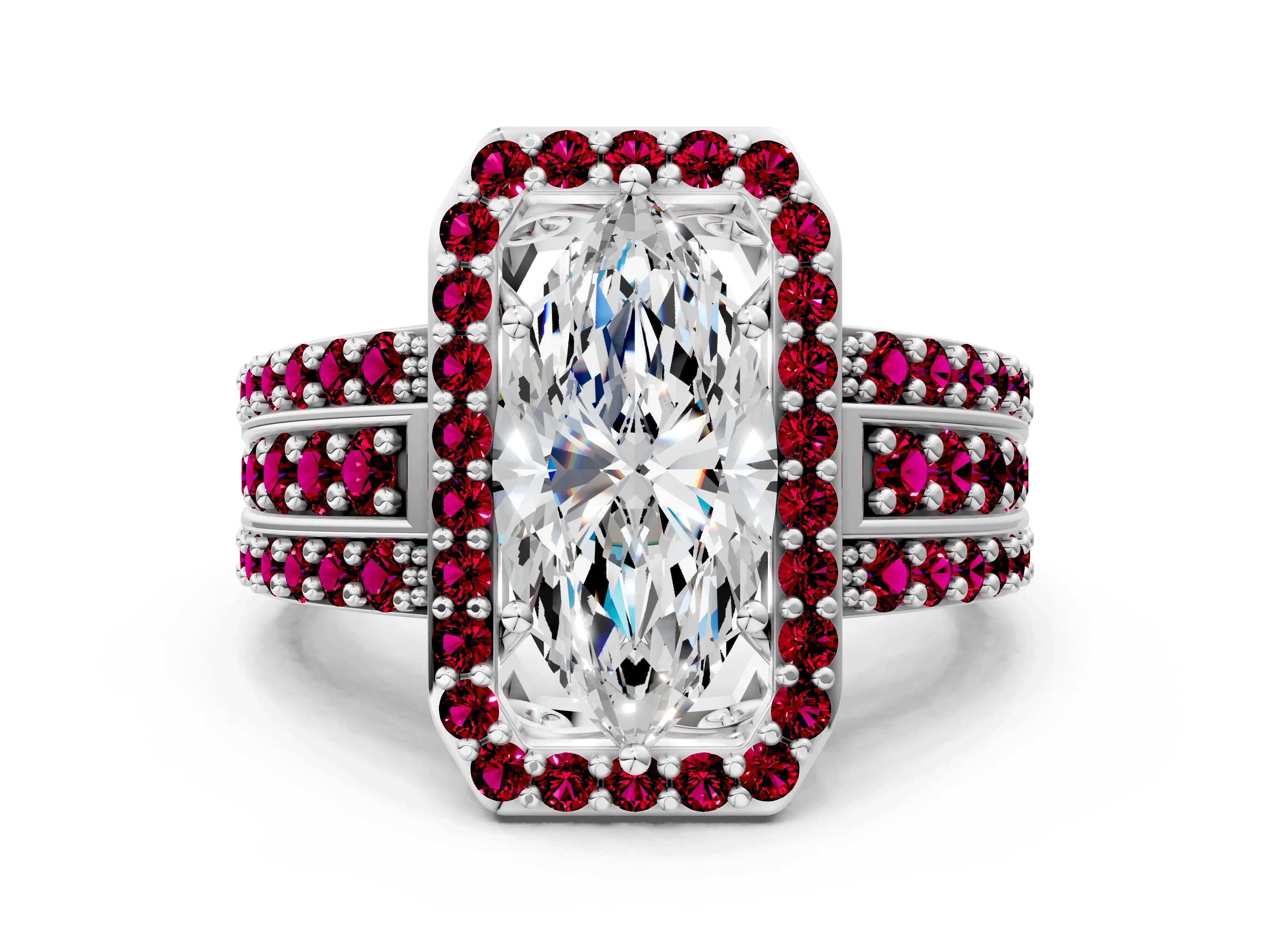 White gold Marquise Cut Halo Diamond Ring with Round with Garnet side stone Split Shank and Prong Setting_36