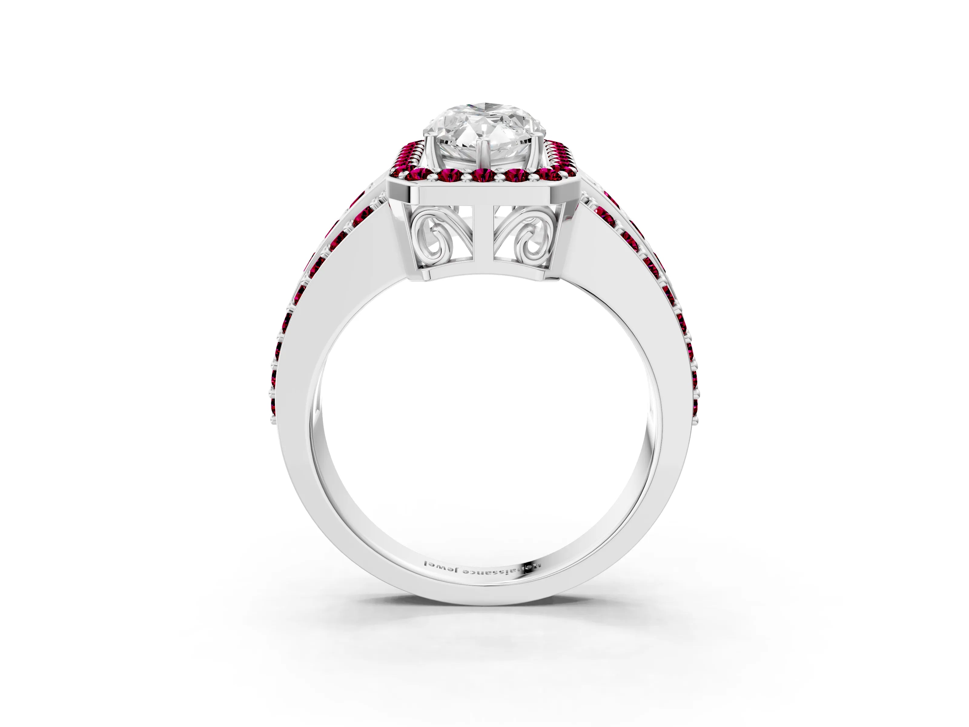 White gold Marquise Cut Halo Diamond Ring with Round with Garnet side stone Split Shank and Prong Setting_39