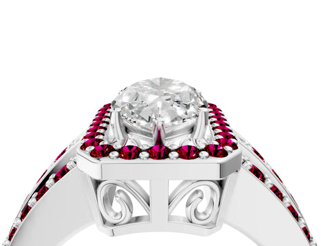 White gold Marquise Cut Halo Diamond Ring with Round with Garnet side stone Split Shank and Prong Setting_40