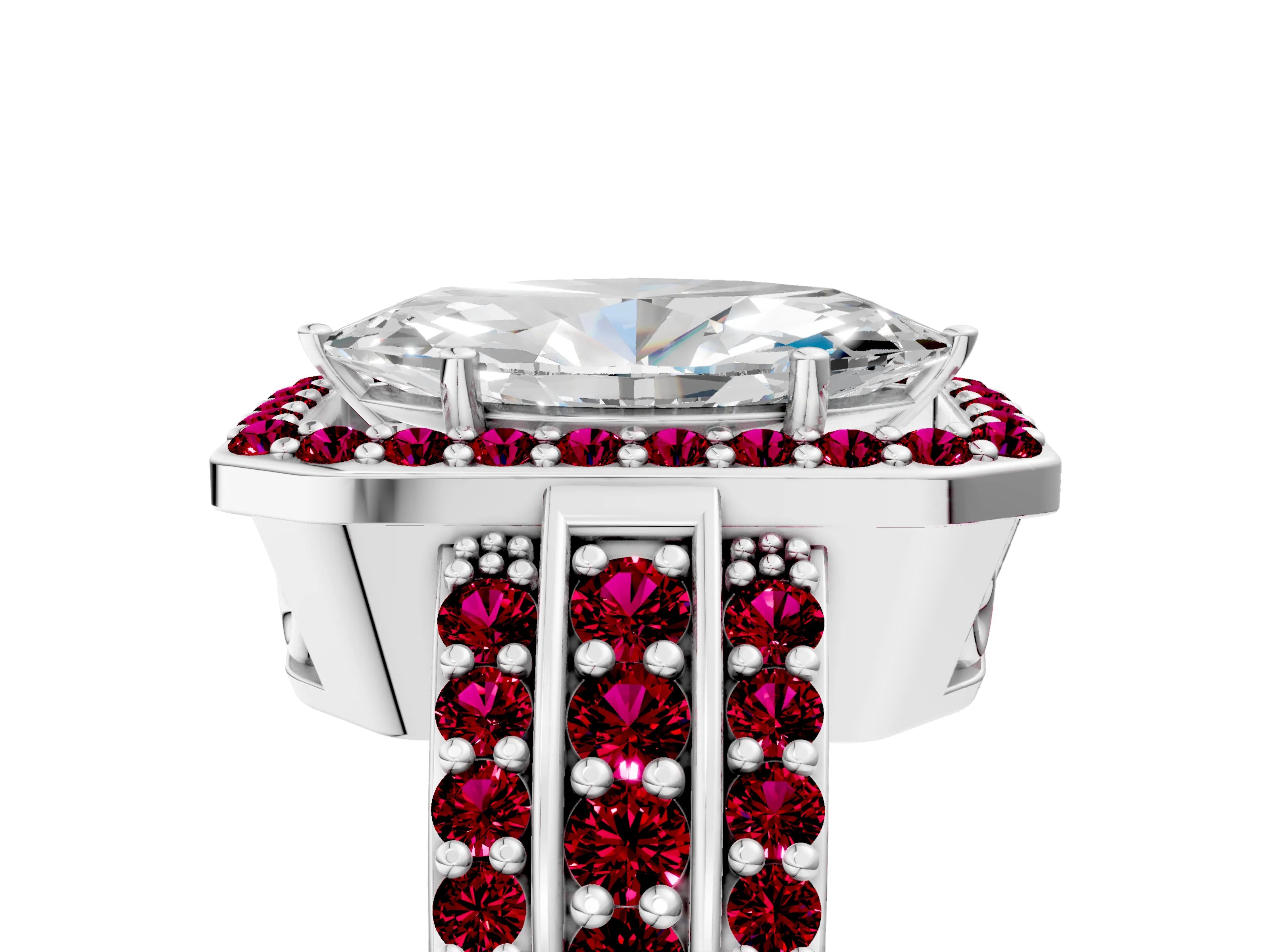 White gold Marquise Cut Halo Diamond Ring with Round with Garnet side stone Split Shank and Prong Setting_41