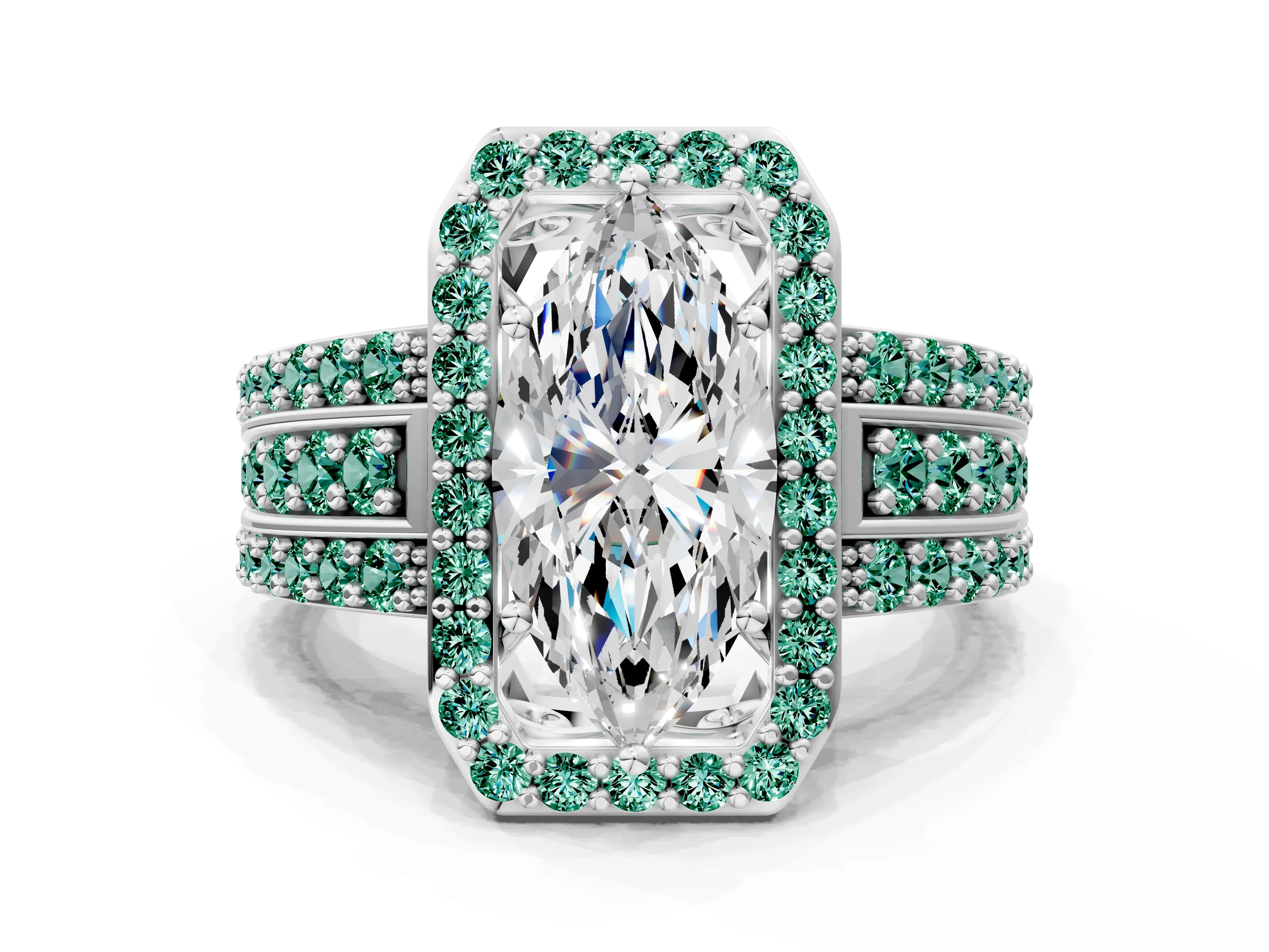 White gold Marquise Cut Halo Diamond Ring with Round with Green Sapphire side stone Split Shank and Prong Setting_24