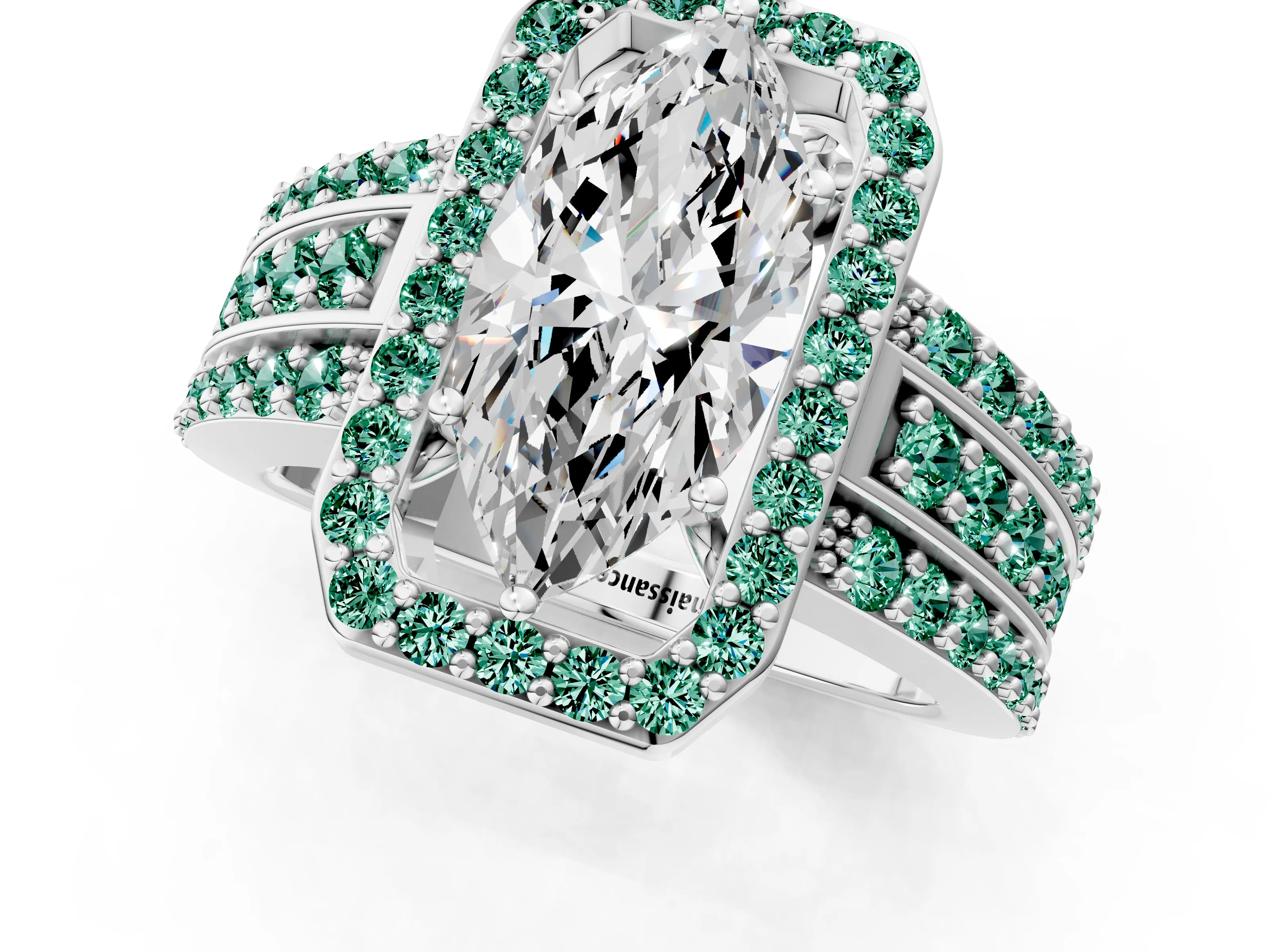 White gold Marquise Cut Halo Diamond Ring with Round with Green Sapphire side stone Split Shank and Prong Setting_25