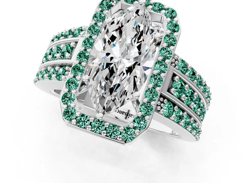 White gold Marquise Cut Halo Diamond Ring with Round with Green Sapphire side stone Split Shank and Prong Setting_25