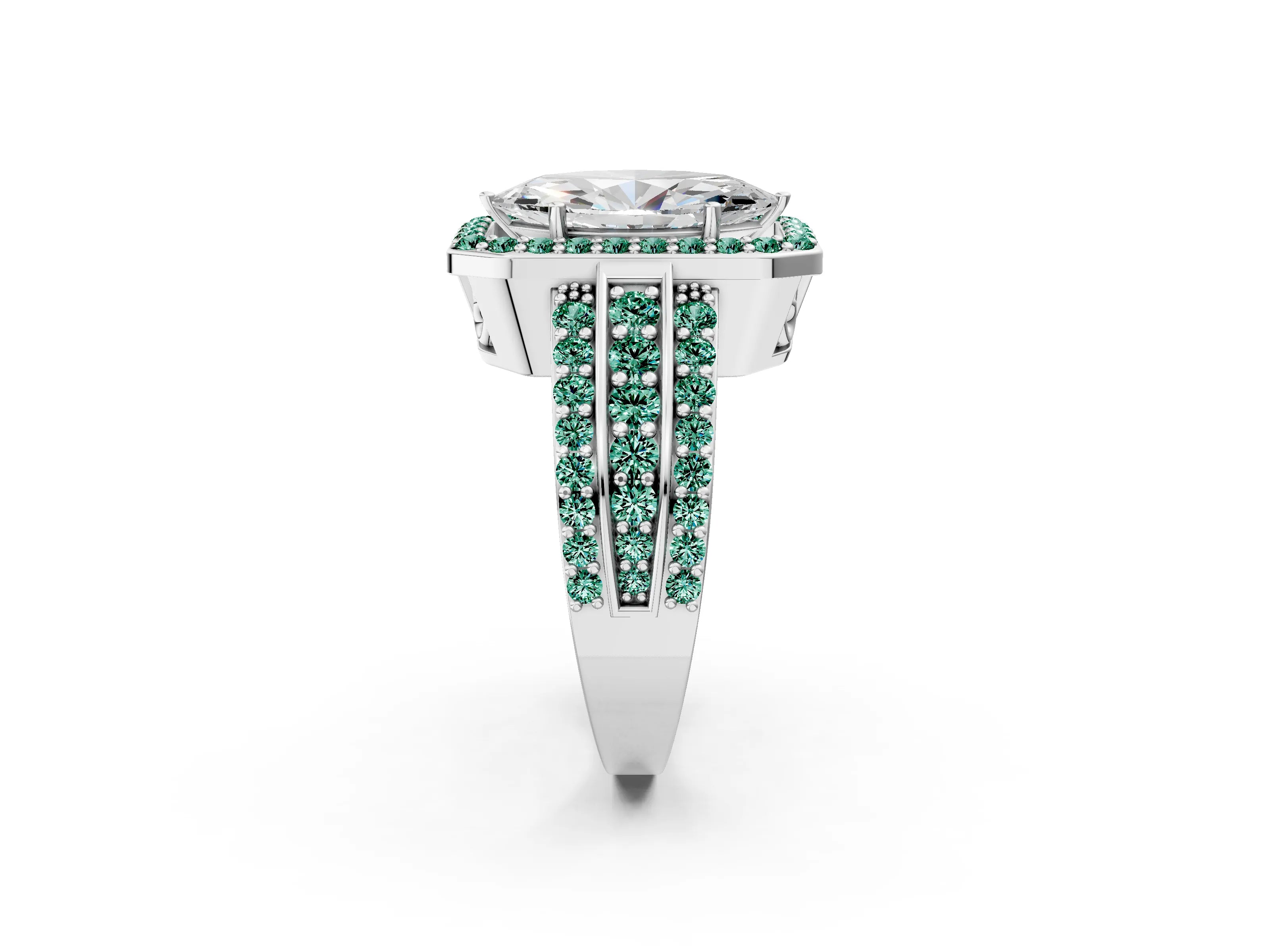 White gold Marquise Cut Halo Diamond Ring with Round with Green Sapphire side stone Split Shank and Prong Setting_26