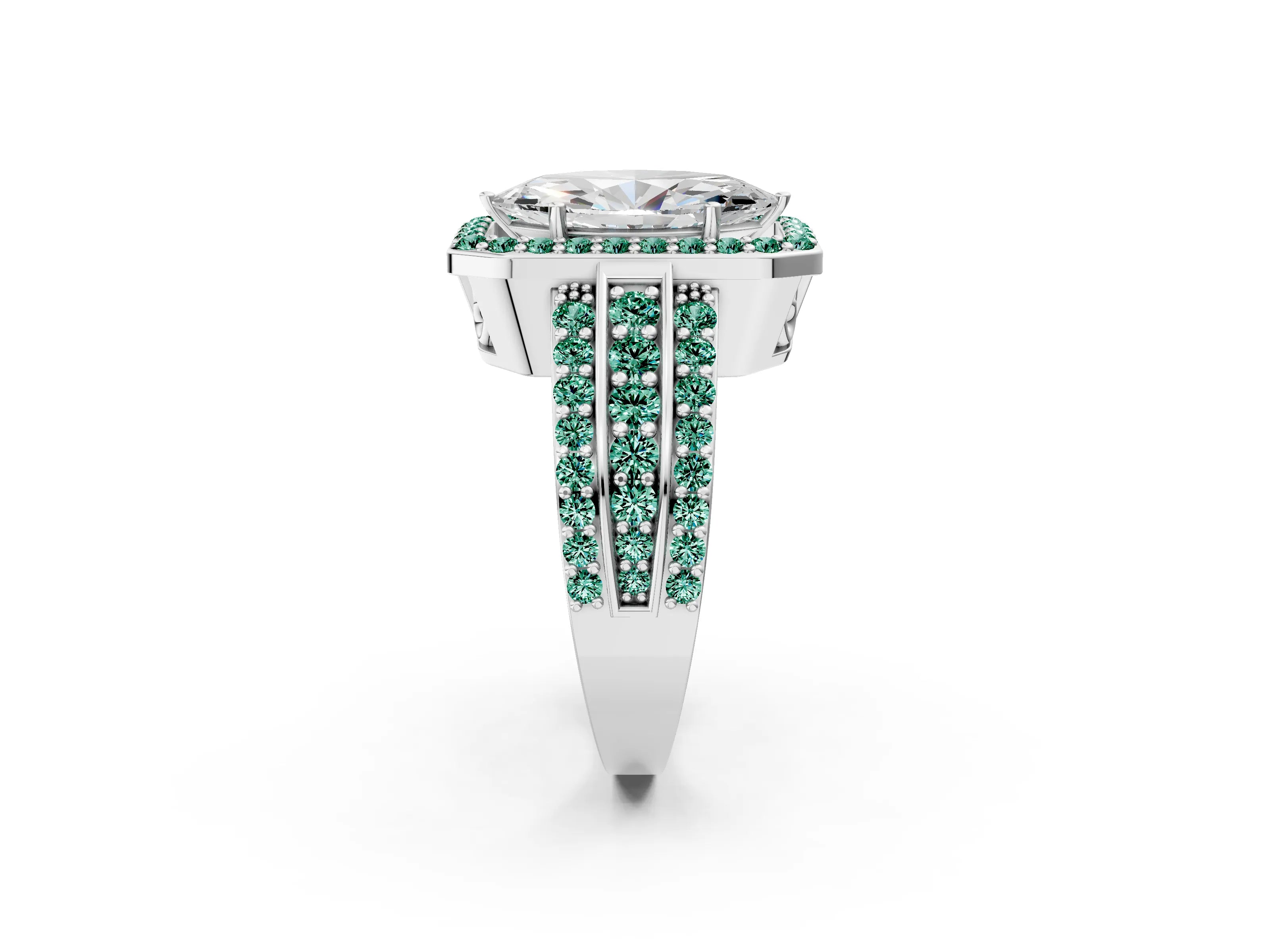 White gold Marquise Cut Halo Diamond Ring with Round with Green Sapphire side stone Split Shank and Prong Setting_26