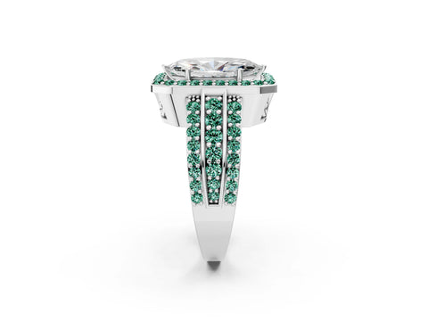 White gold Marquise Cut Halo Diamond Ring with Round with Green Sapphire side stone Split Shank and Prong Setting_26